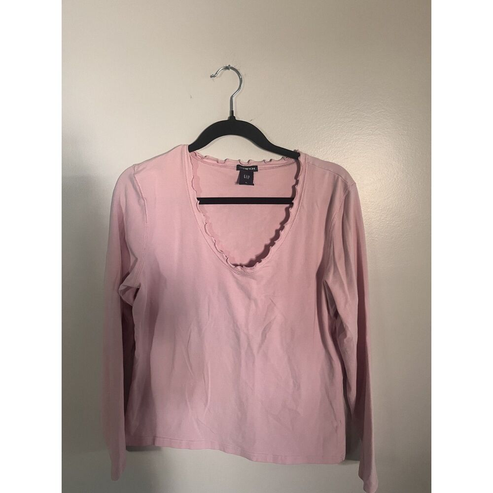 Vintage Y2K Gap Stretch Long Sleeve Top Wavy V Neck Design Size Large